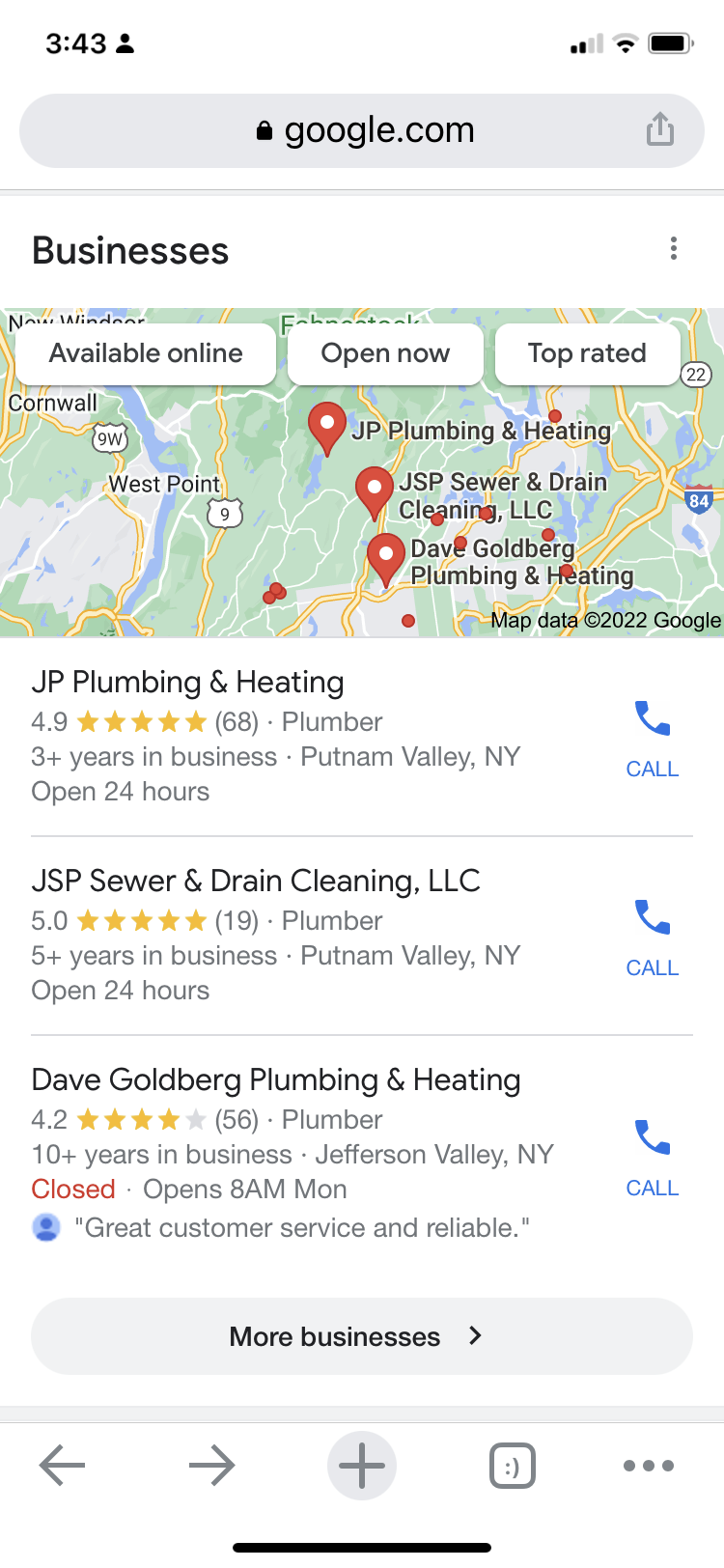 This is the 3 pack listing for Google My Business for Local Markeitng. Tp be found on the first page of Google, you need to be int he top 3 spots on Google My Business.