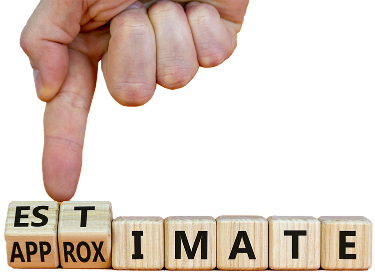 Estimate or approximate symbol. Businessman turns wooden cubes and changes the word 'approximat e' to 'estimate transparent background