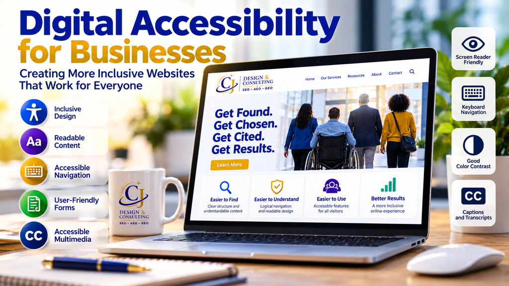 Digital accessibility for businesses illustrated through inclusive website design and accessible navigation