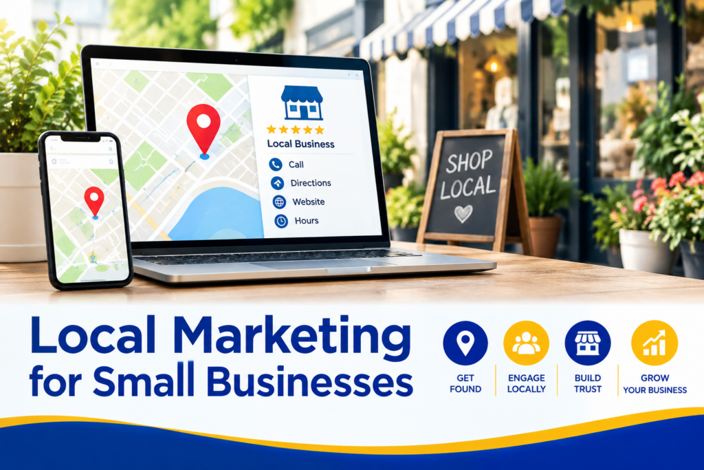 Local marketing for small businesses with storefront, map pin, near me search, customer reviews, and growth icons.